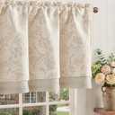 Linen Valance Curtain Farmhouse Floral Printed Small Window Curtain for Kitchen Rustic Light Filtering Valance for Living Room Bedroom Bathroom 16 Inch Rod Pocket, 1 Panel Taupe on Beige
