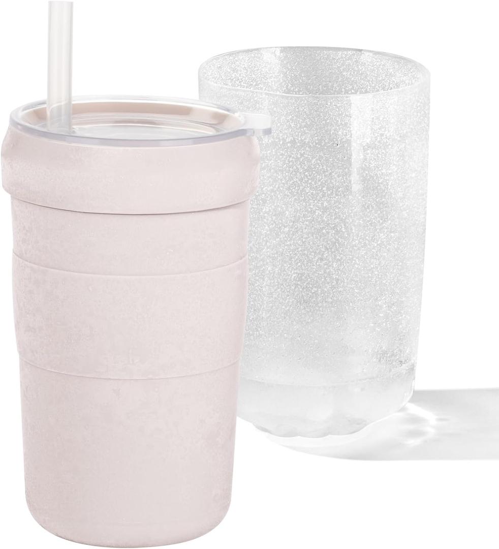Iced Coffee Tumbler, 45 Insulated Beer Mug for Freezer, (Ice-Free) Double-walled Freezable Slushie Cup with Stainless Steel Liner, Travel Coffee Mug Reusable, with Lid and Straw, 16oz (1, White)