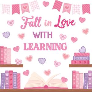 TICIAGA Valentines Book Learning Bulletin Board - 62Pcs Valentines Day Bookshelf Fall in Love with Learning Pink Heart Cutout Border Book Flag Banner for February School Library Classroom Wall Decor