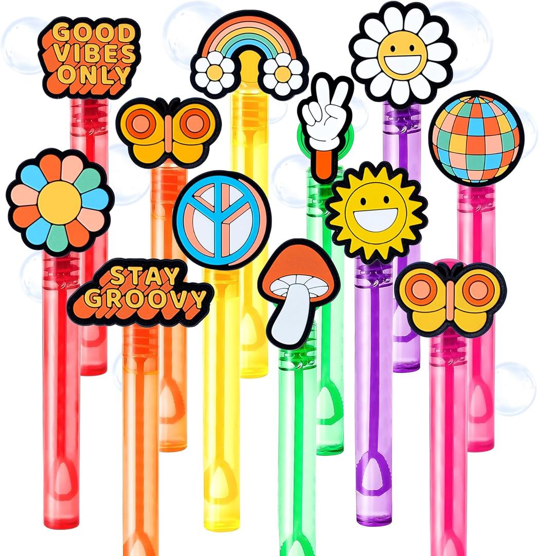 Groovy Party Favors for Kids  24PCS Retro-Themed Bubble Wands, Great for Birthday Supplies, Pinata Fillers, Goodie Bags & Classroom Rewards