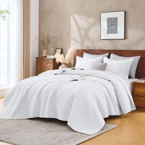 King Quilt Set with Shams Lightweight Quilted Bedspread Coverlet Thin Comforter Bed Cover Vintage Washed Quilted Blanket for All Season, Brushed Microfiber Diamond Stitching, Linen White, 104"x92"