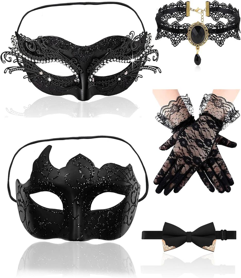 Masquerade Mask for Couples Women Men Set Halloween Mardi Gras Venetian Lace Masquerade Mask Costume Accessories, Black