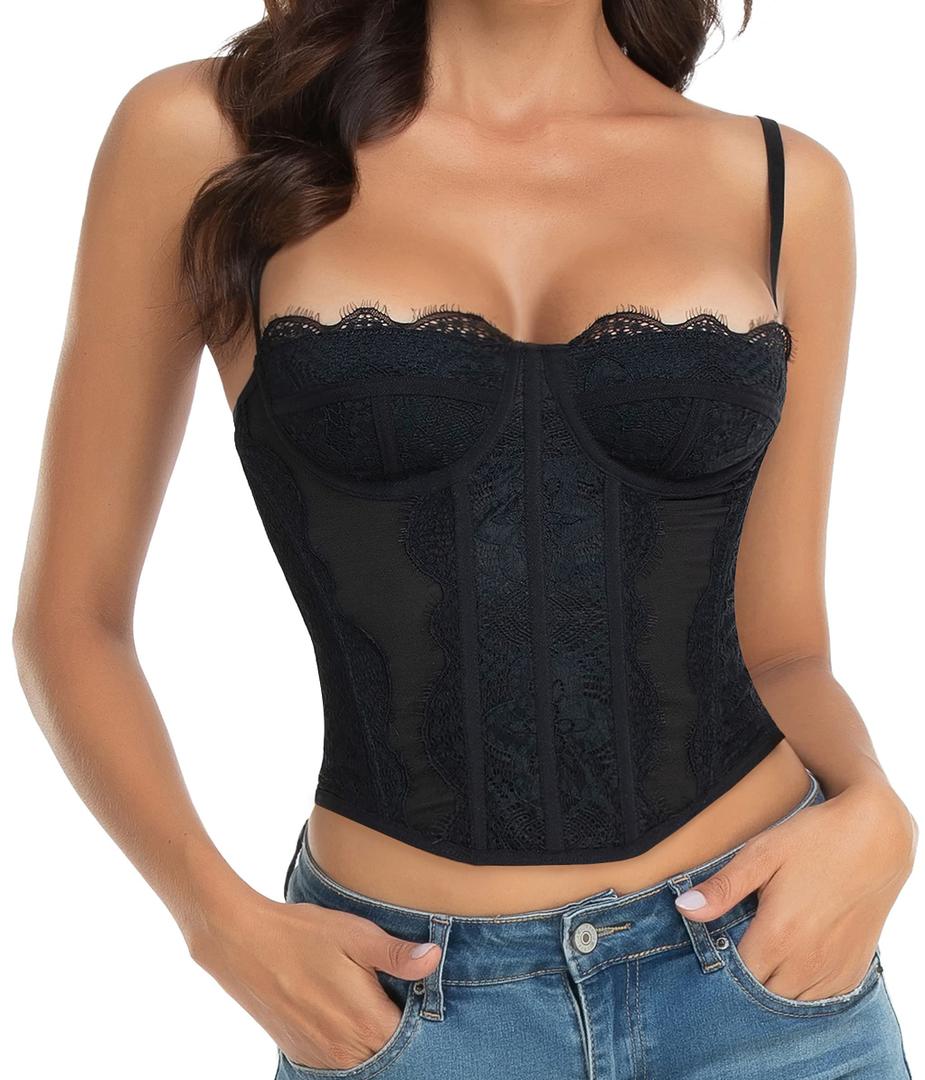 Lace Bustier Corset Tops for Women - Sexy Going Out Party Club Top with Buckle, M