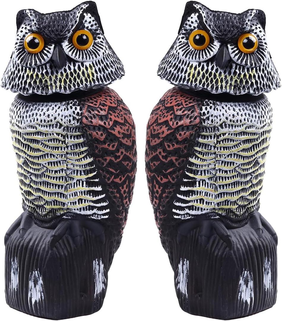 Hedoc 2 Pack Fake Owl Decoys to Scare Birds Away (15 inch), Rotating Head Sculptures, Nature Enemy Scarecrow Plastic Statues, Pest Repellent, Pigeon Deterrent Outdoor Yard, Garden Protectors
