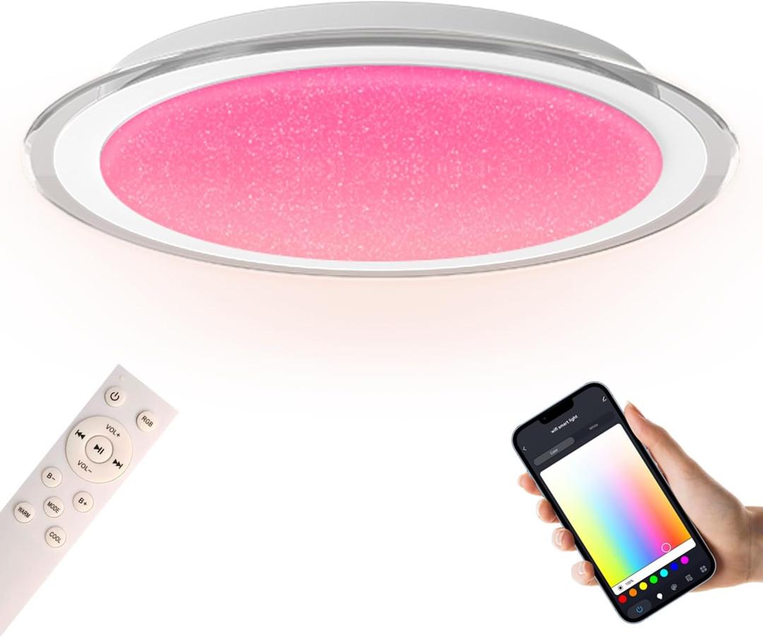 LED Ceiling Light with Bluetooth Speaker | 20 inch,60W,1-PACK,Color Changing Dimmable,Compatible with Alexa,Google Home,Semi-flush mount,for Living Room,Bedroom,Kitchen