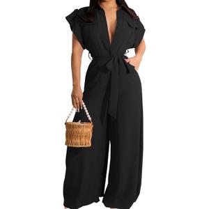 Women's Casual Long Sleeve Round Neck Jumpsuits Work Wide Leg Pants Club Party Loose Rompers, Medium