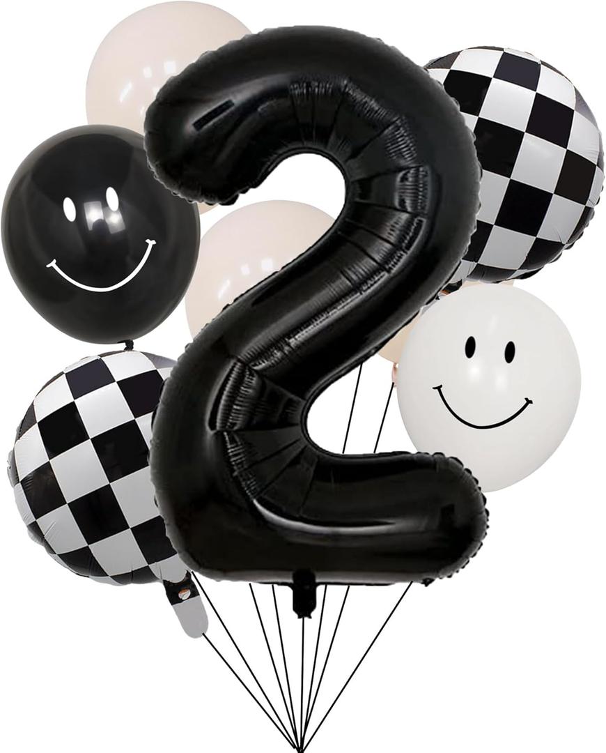 100% LIKED Two Cool Balloon Set, 40 Black Two|Black & White Smiley Face Latex |Checkered Foil for 2 Cool Birthday Decorations, Smiley Face Party Deco, Baby Shower,2nd Birthday Party Supplies