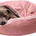 Furhaven 27" Round Calming Donut Dog Bed for Medium/Small Dogs, Washable, For Dogs Up to 45 lbs - Plush Velvet Waves Hooded Donut Bed - Rose Pink, Medium