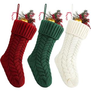 Fesciory 18 Inches Christmas Stockings Bulk, 3 Pack Large Size Cable Knitted Fireplace Hanging Stockings for Family Holiday Xmas Party Decorations, Burgundy&Ivory White&Green