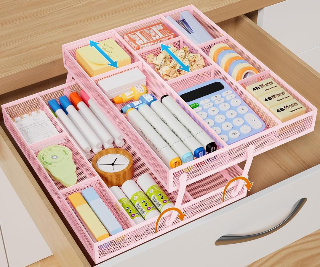 Marbrasse 2 Tier Desk Drawer Organizer, Folding Mesh Tray with 2 Sliding Dividers, Multifunctional Drawer for Office Supplies, Makeup & Vanity (Pink)