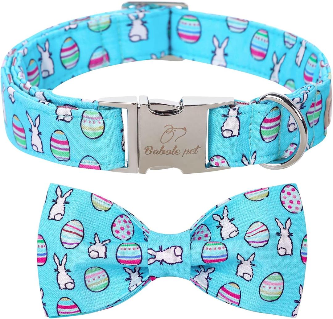 Easter Dog Collar with Bow Tie - Adjustable Easter Bunny Eggs Dog Collar Blue Rabbit Bowtie Metal Buckle Puppy Collars for Small Medium Large Dogs S