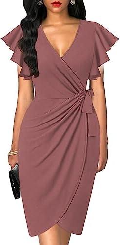 oten Womens Deep V Neck Ruffle Sleeve Sheath Casual Cocktail Party Work Faux Wrap Dress Medium