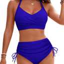 Blooming Jelly Womens High Waisted Bikini Sets Drawstring Tummy Control Swimsuits Crisscross Tie Back Bathing Suit (XX-Large, Royal Blue)
