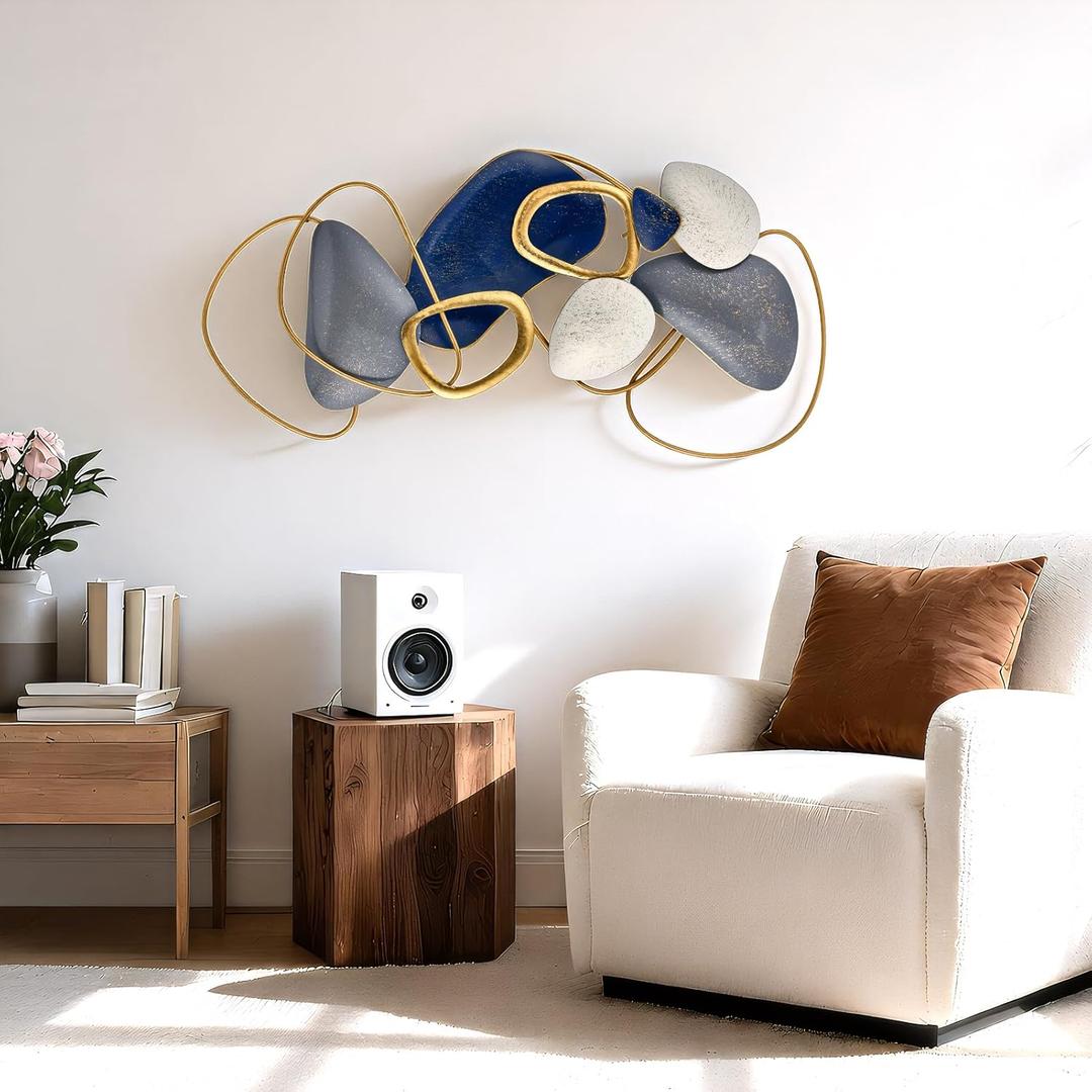 SHERBECK 3D Metal Wall Art Decor Blue Pebble Wall Sculptures Hanging Ornament Modern Abstract for Bedroom Living Room Sofa Background Home Office Kitchen Gold 41.3" L  19.7" W