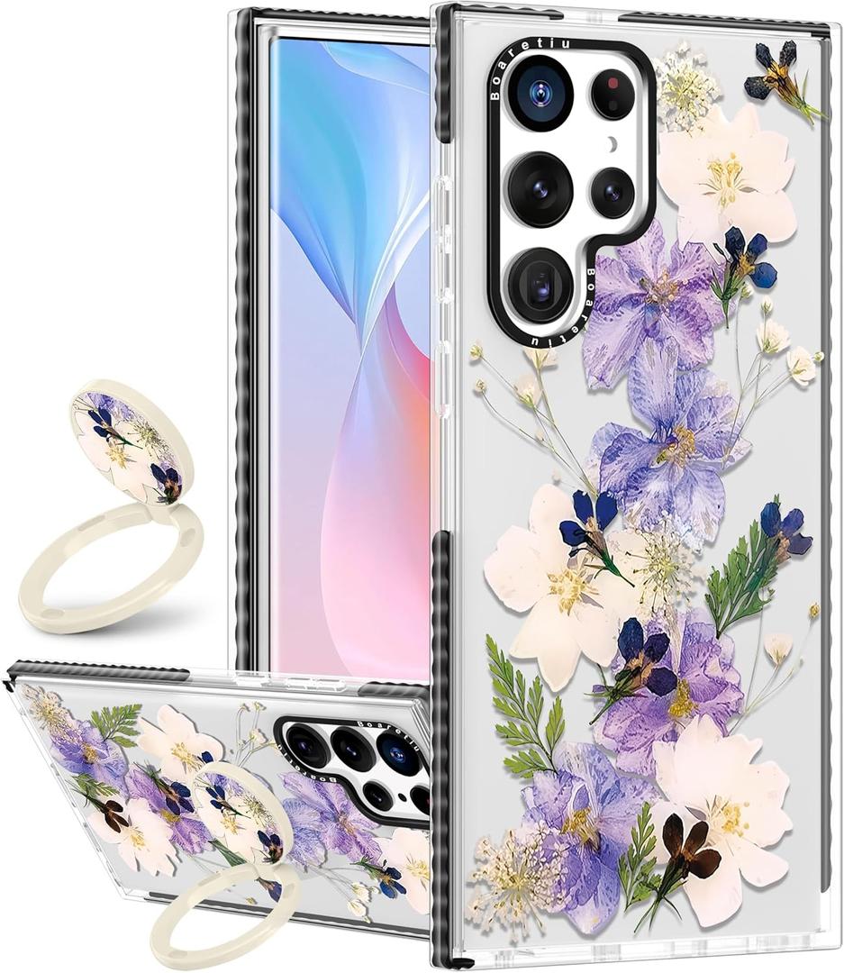 Boaretiu Cute Kawaii for Samsung Galaxy S25 Ultra Case with Stand - Fashion Cool 360 Rotate Ring Holder Kickstand Purple Flower for Women Girls Boys Teens Girly for Galaxy S25 Ultra Case