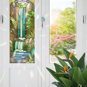 2 x Decorative Waterfall Stained Glass Window Film, Waterfall Stained Glass Window Film for Bathroom Door Heat Anti UV
