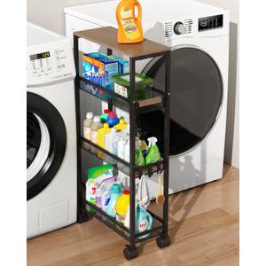 TIPGO Utility Slim Storage Cart, 4 Tier Rolling Cart with Wheels, Narrow Storage Cabinet for Bathroom, Laundry Shelves for Room Organization, Small Organizer for Kitchen, Office and Dorm (Black)