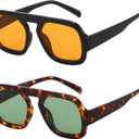 Trendy Square Aviator Sunglasses for Women Flat Top Designer Stylish Frame Sun Glasses Vintage Shades ((2 Pack) Black/Orange+tortoise/Green)