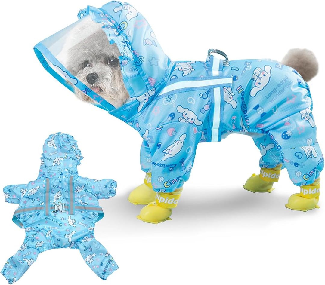Waterproof Dog Raincoat, Adjustable 4-Legged Dog Rain Jacket with Hood and Leash Hole Reflective Lightweight Outdoor Rain Poncho Gear for Dogs Suitable for Small and Medium Dogs(Blue,Large) (Bule)
