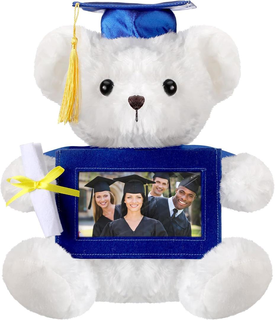 Sotiff 10'' 2026 Graduation Plush Bear with Picture Frame for 4 x 6'' Photo Graduation Gifts Stuffed Bear for Kids Granddaughter Son Girls Boys Preschool Kindergarten Students(White, Blue)