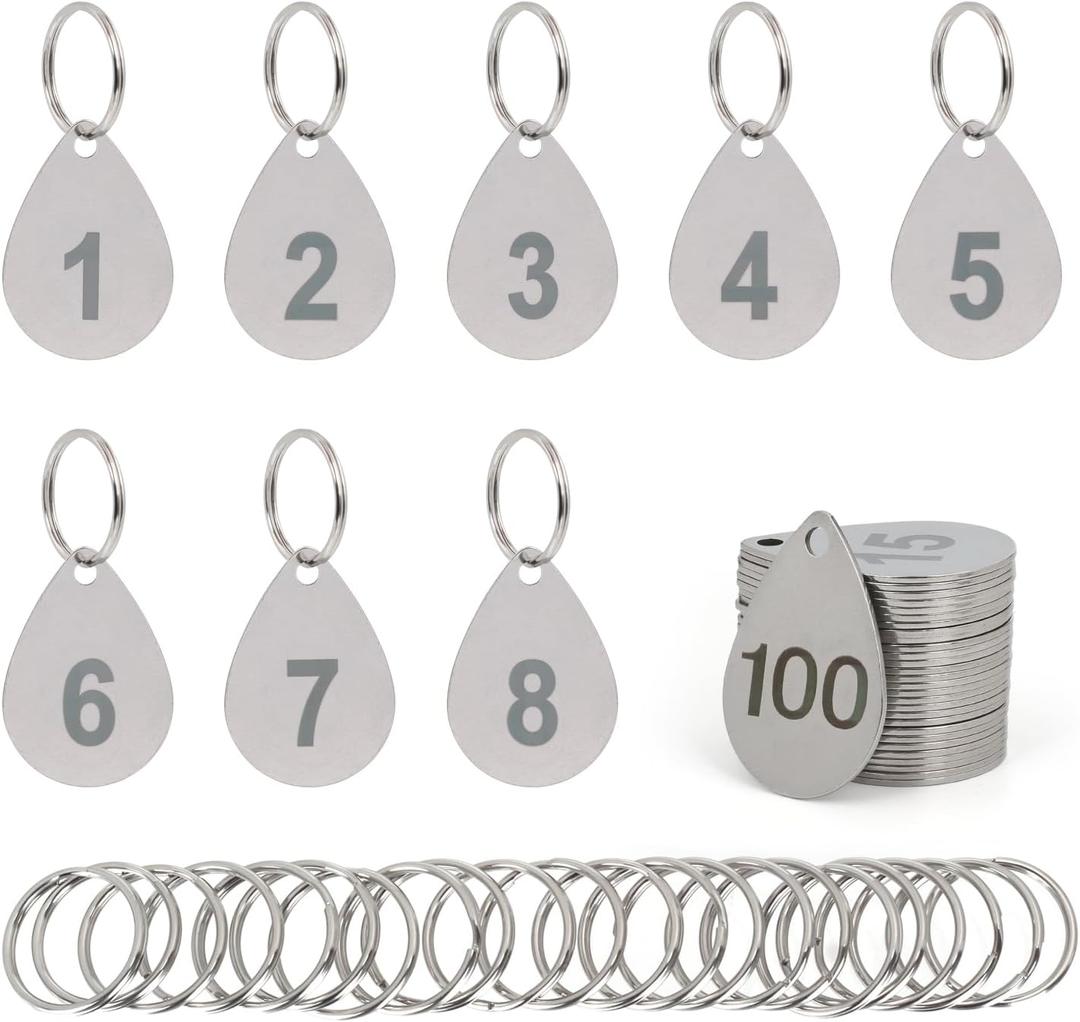 Numbered Key Tags with Rings, Water Drop Shape 304 Stainless Steel Metal Number Tags, Keychain ID Labels - 1 to 10