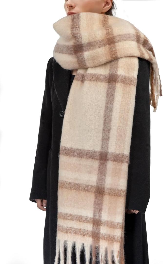 Womens Scarf Winter Big Colorful Checked Thick Warm Soft Scarves Casual Tassel Blanket Scarf (Khaki)