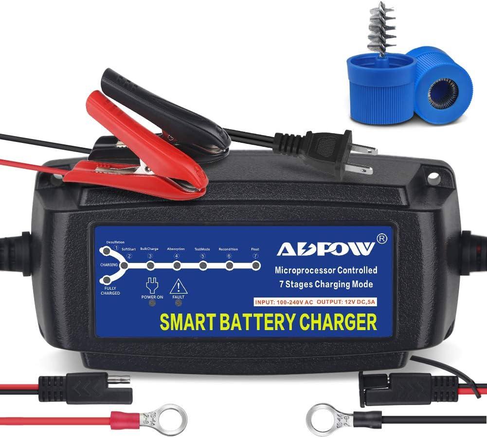 5A 12V Automatic Smart Battery Charger Automotive Maintainer 7-Stages Trickle for Deep Cycle Car Marine Trolling Motor Boat Truck Lawn Mower RV AGM with Terminal Cleaning Brush