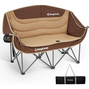 KingCamp Double Camping Chair, Oversized 660lbs Heavy Duty Loveseat for Adults Portable Folding XL 2 Person Couch Padded Comfortable Two Seat with Cup Holder for Outdoor Lawn Backyard, Khaki/Coffee