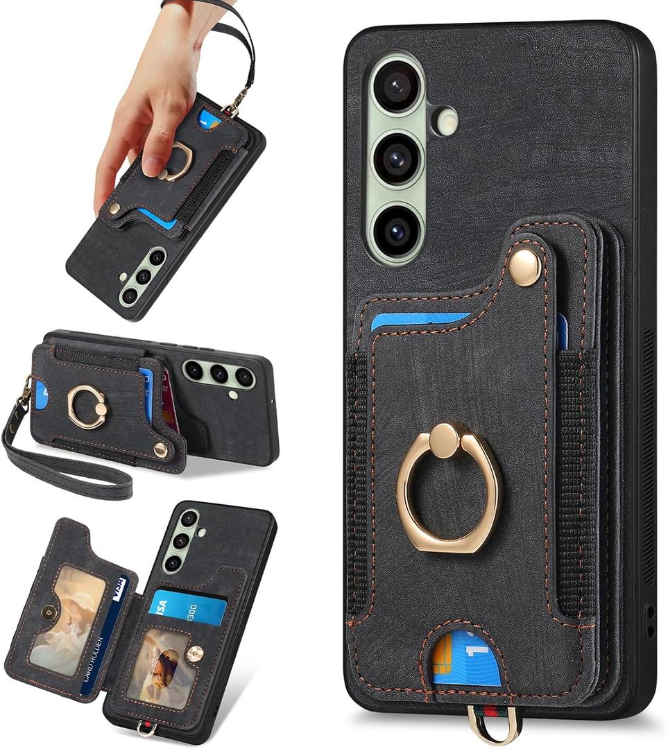 for Samsung Galaxy S24 FE Case with Card Holder for Woman Man,PU Leather Flip Folio Wallet Case,RFID Blocking Ring Holder Kickstand Wrist Strap Magnetic Protective Cover for Galaxy S24 FE Black
