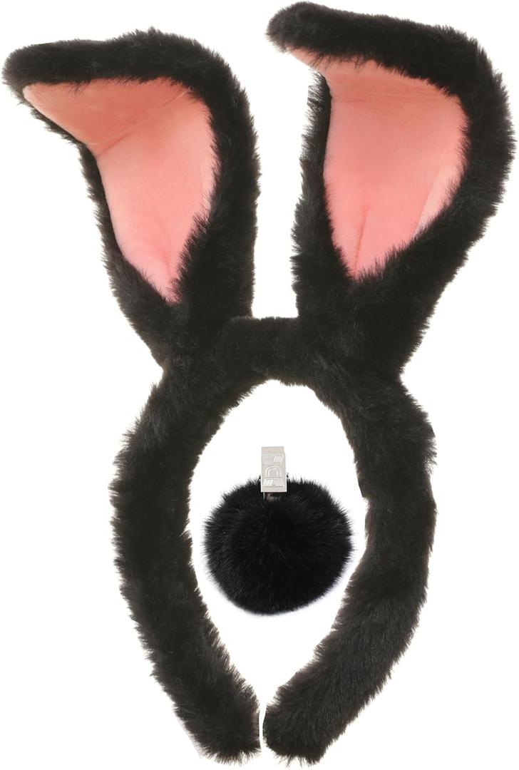 CHEU Easter Bunny Headband and Pom Pom tail set for rabbit costume (black)