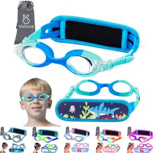 Vvinca Kids Swim Goggles with Fabric Strap No Tangle Pain-Free, Anti-Fog Swimming Pool Goggle No Leak for Toddlers Girls Boys (01-light Green Blue)