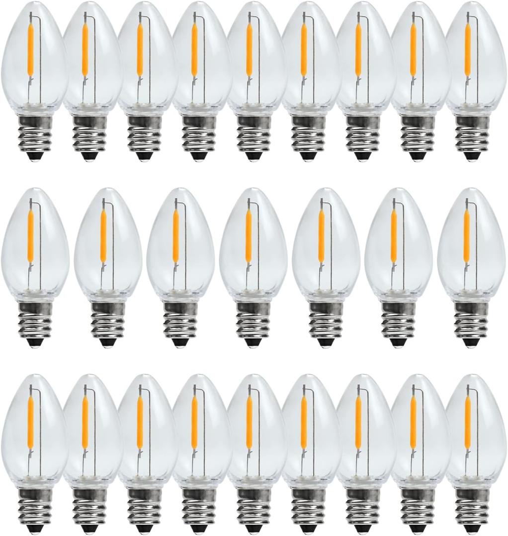 C7 Christmas Led Light Bulb, C7 Replacement Night Light Bulb, 0.6W Equivalent 7W Incandescent Bulb, Warm White 2200K, E12 Standard Base, Clear Plastic, 25Pack