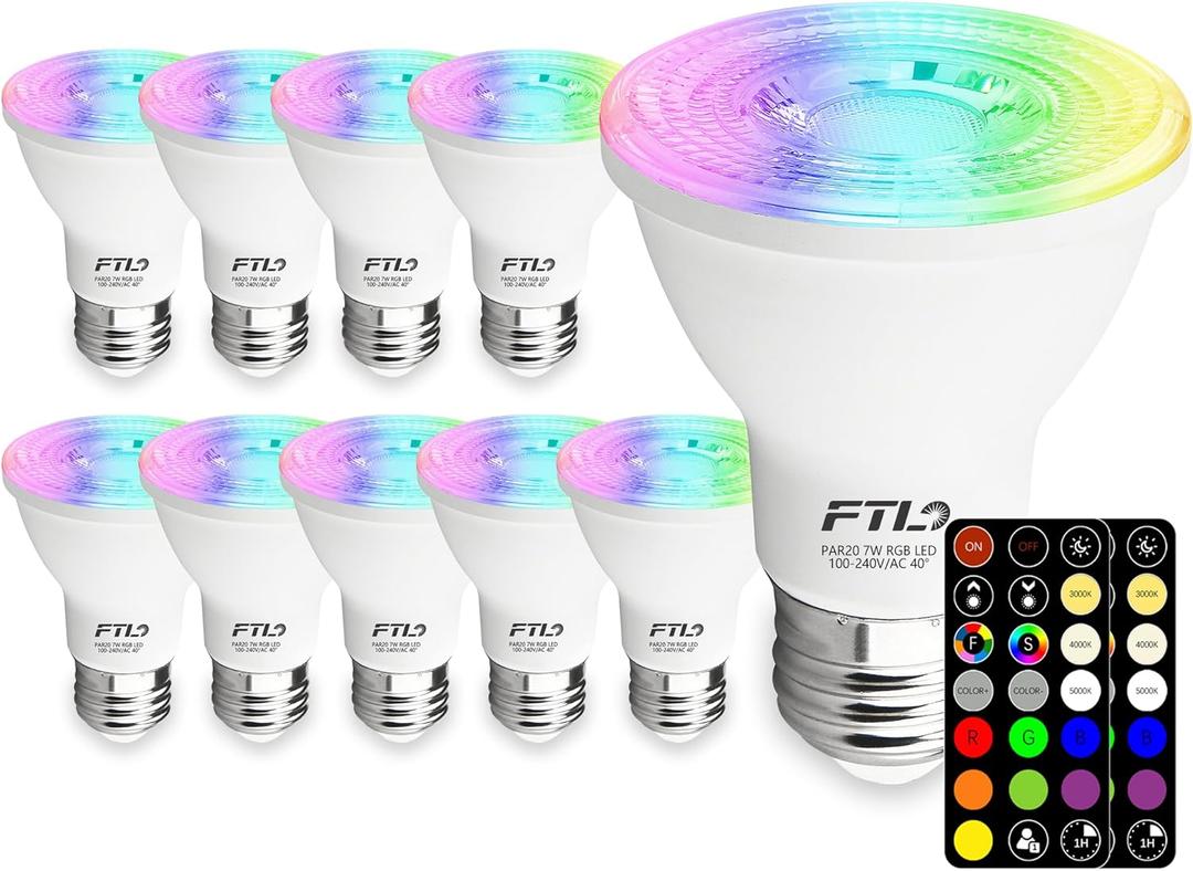 FTL PAR20 LED Bulbs Color Changing Light Bulbs with Remote Control, Dimmable RGB Colored Bulbs 2700K-6000K 7W 60W Equivalent, Timer,30 Colors, Flood Light for Track Recessed Lighting, 10-Pack