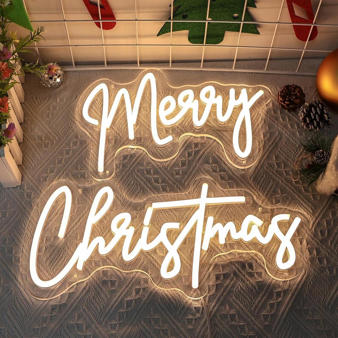 26 Inches Large Merry Christmas Neon Sign, Warm White Acrylic Neon Signs for Wall Decor, USB Powered Dimmable LED Lights for Bedroom Window Xmas Eve New Year Party Decor