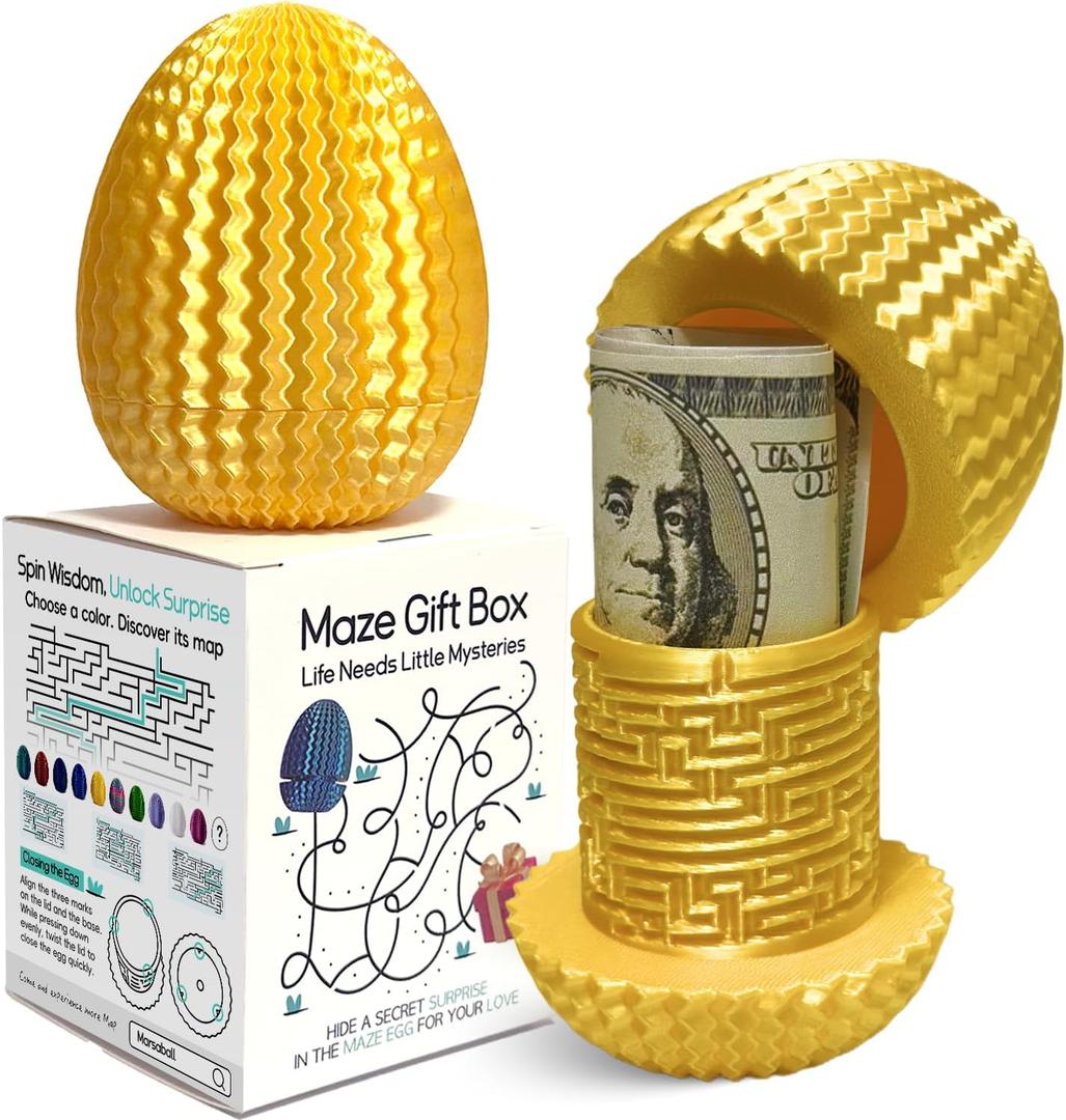 2026 Mystery Egg Maze Puzzle Box: 4 Unique Mazes Money Holder with Hidden Compartment, Brain Teaser Game for Cash & Gifts, Reusable Surprise Container for Easter Birthday Christmas Party (Gold)
