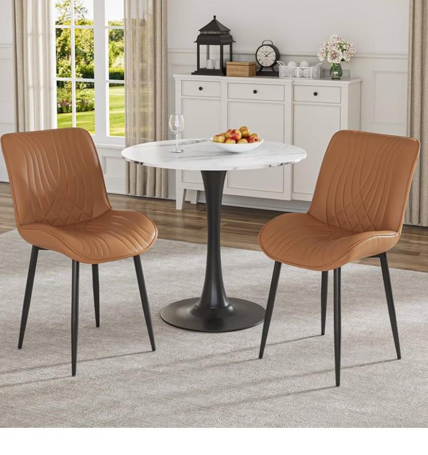 VECELO Dining Chairs Set of 2, Modern Upholstered Faux Leather Cushion Seat and Metal Legs for Kitchen, Living Room, Vintage Cognac Brown