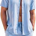 COOFANDY Men's 2 Piece Short Set Cuban Guayabera Shirts Short Sleeve Casual Beach Outfits Set (Blue)