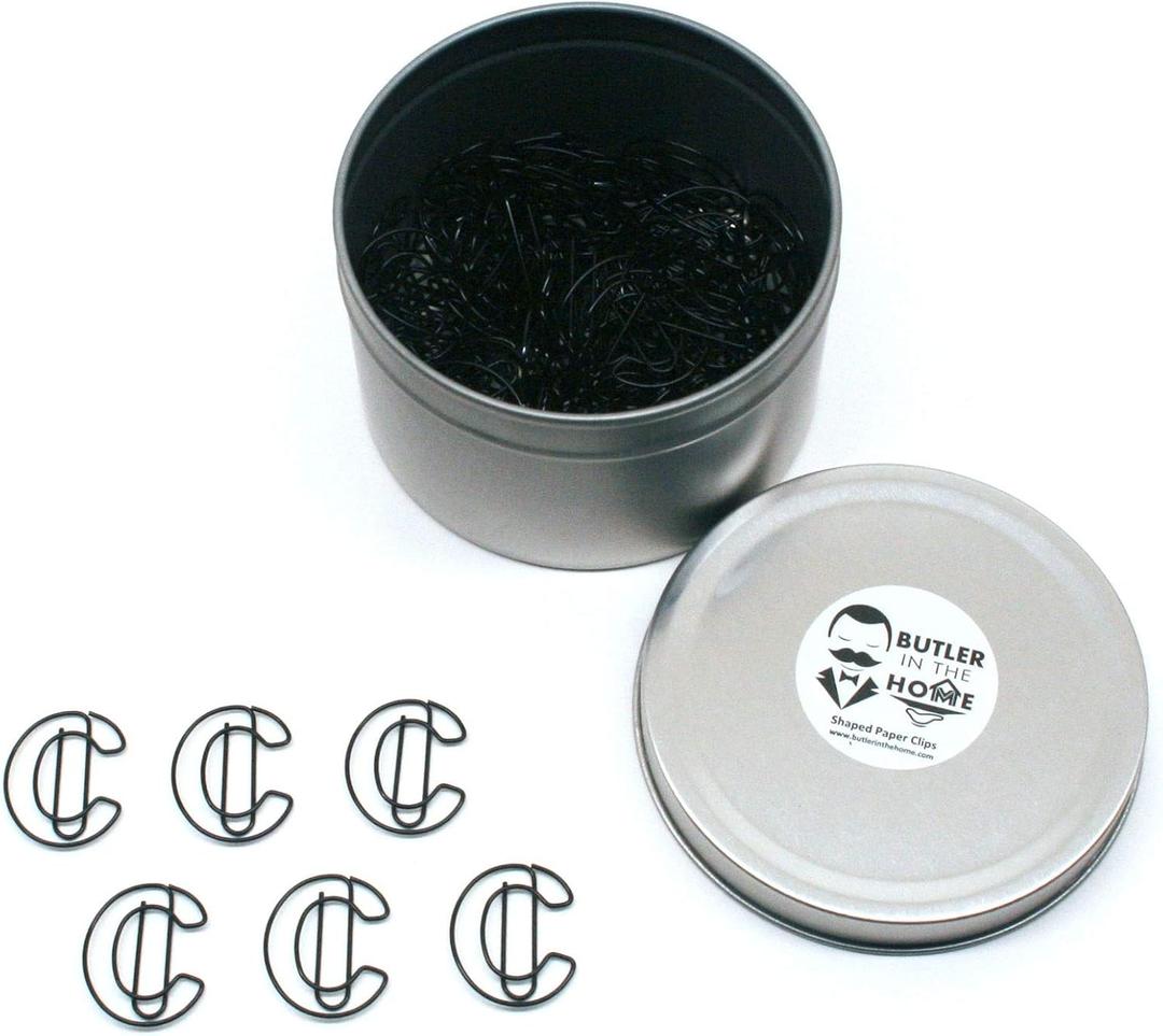 Butler in the Home Pick Your Favorite A-Z Alphabet Letter or 0-9 Number - 100 Count Black Colored Paper Clips for Initials or Birthdate - Comes in Round Tin with Lid and Gift Box (Letter C)