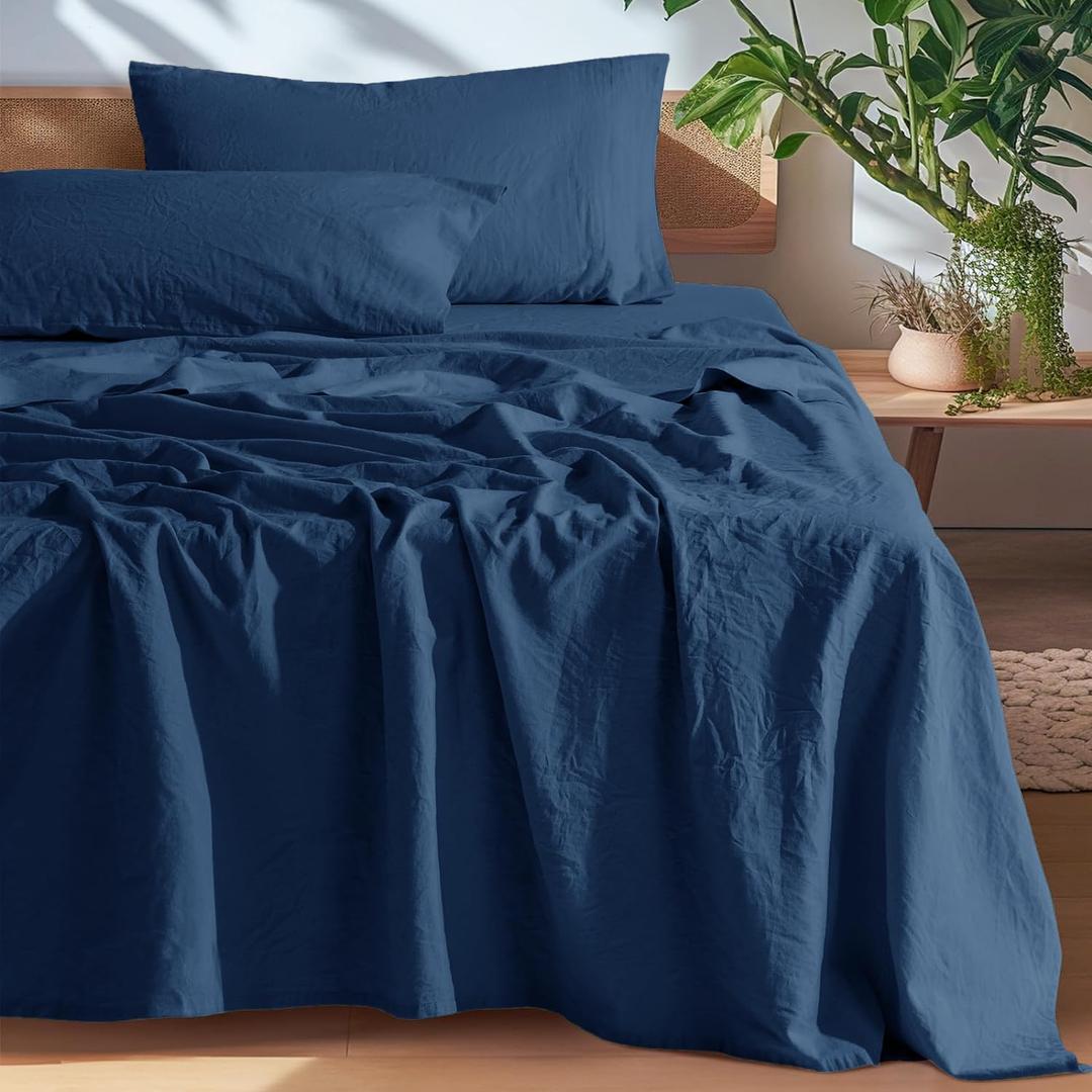 SONORO KATE 100% French Pure Linen Sheets, Breathable and Durable Line Queen Size Sheets, Anti-Tear Line Bed Sheets, Machine Washable, 16 Inch Deep Pocket - 4 Piece (Navy Blue, Queen)