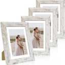 Hongkee 5x7 Picture Frame Set of 4, Made of Real Glass and Distressed White Wooden Frame, 5 by 7 Photo for Wall or Tabletop - Display Picture 4x6 with Mat or 5x7 Without Mat