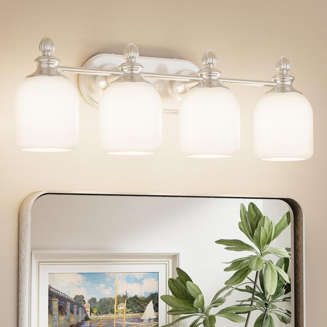 Keonjinn Brushed Nickel Bathroom Light Fixtures, 4-Light Vintage Vanity Lights for Mirror with Frosted Glass Shades, UL Listed E26 Base Reversible Vanity Lighting Fixtures for Wall(Bulbs Not Included)