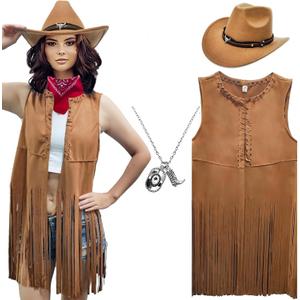 ATAMET Western Cowgirl Outfits for Women Cowgirl Fringe Vest Cowboy Hat Necklace Bandana,70s Hippie Costume for Halloween (Small, Brown)