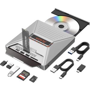 Alxum External CD DVD Drive for Laptop, 7 in 1 Portable CD Player DVD Burner with M.2 NVMe/USB 2.0 Interface and SD/Micro SD Card Slot, Ultra-Slim Disk Drive Optical for Windows/Mac OS/Linux/Vista (Gray)