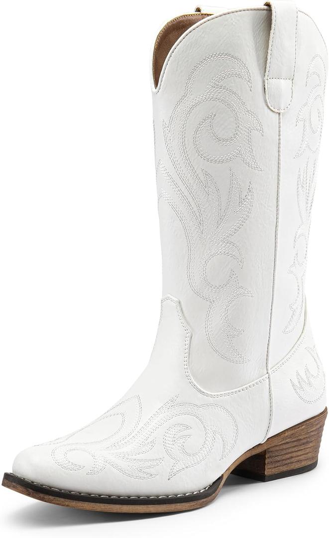 DREAM PAIRS Women's Cowboy Boots Mid Calf Cowgirl Boots Square Toe Chunky Heel Embroidery Stitched Western Boots, White (US 8.5)