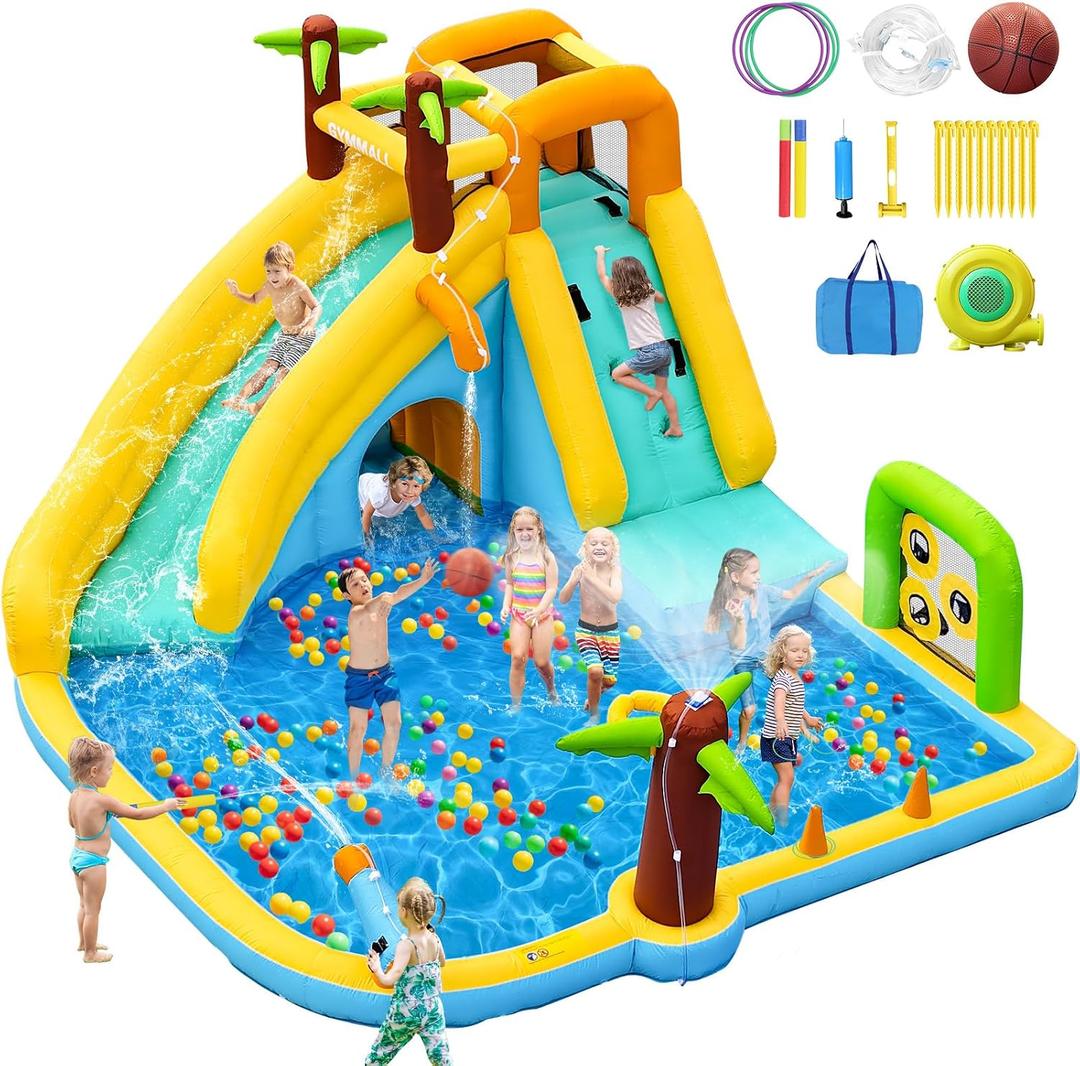 Inflatable Water Slide Bounce House with 450 W Blower, Blow up 10-in-1 Waterslide Park Bouncy Castle Outdoor and Indoor, Bouncer House with Splash Pool, Sprinklers and Long Slide