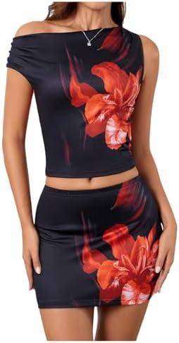 Verdusa Women's 2 Piece Floral Outfit Y2k One Shoulder Ruched Crop Tops Short Bodycon Skirt Set, Size M