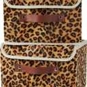 2PCS Storage Bin with Lid Leopard Print Cute Velvet Fabric Storage Basket Box Faux Leather Handles PP Plastic Board Foldable Washable Lidded Closet Shelf Organizer Container (Small Size)