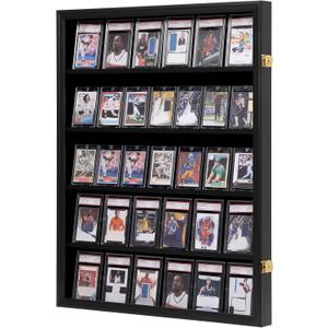 VERANI Baseball Card Display Case - 35 Graded Sports Card Display Frame - Holds Sport Cards with UV Protection Clear View Lockable Wall Cabinet for Football Basketball Hockey Trading Card, Large Black
