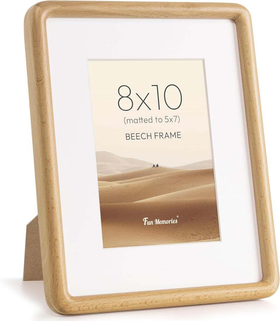 8x10 Picture Frame, Solid Beech Wood Frame with Real Glass, Hard Wood 8 by 10 Photo Frame for Wall & Tabletop Display, 8x10 Picture Frame Matted to 6x8, Natural Beech Color
