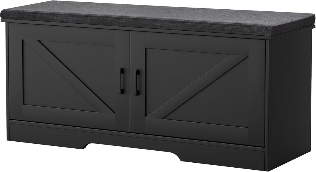 HOMSHO 2-Tier Storage Bench, 39.4" Wide Shoe Bench with Padded Seat Cushion, Entryway Bench with 2 Barn Doors and Adjustable Shelf, Black